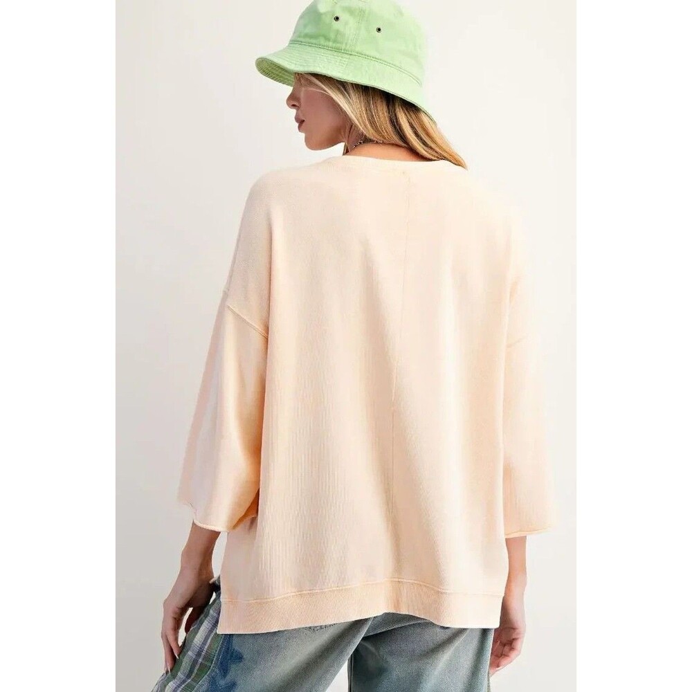 EASEL Size L Oversized Mineral Washed BOHO Heart Patch Top 100% Cotton - PEACH - Picture 10 of 10